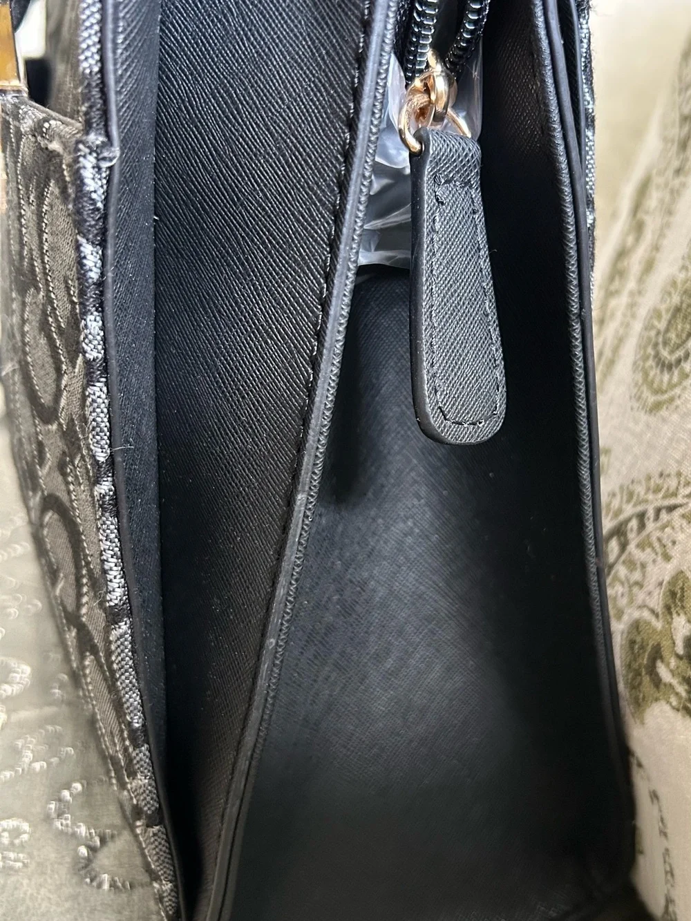 NWT GUESS Black & Gray Medium Logo Marva Jacquard Satchel with Gold Accent